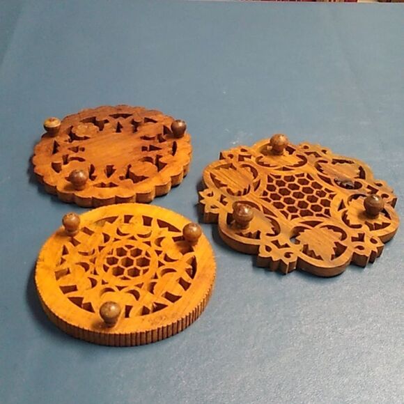 Set of Three Carved Wooden Trivets - Picture 2 of 9